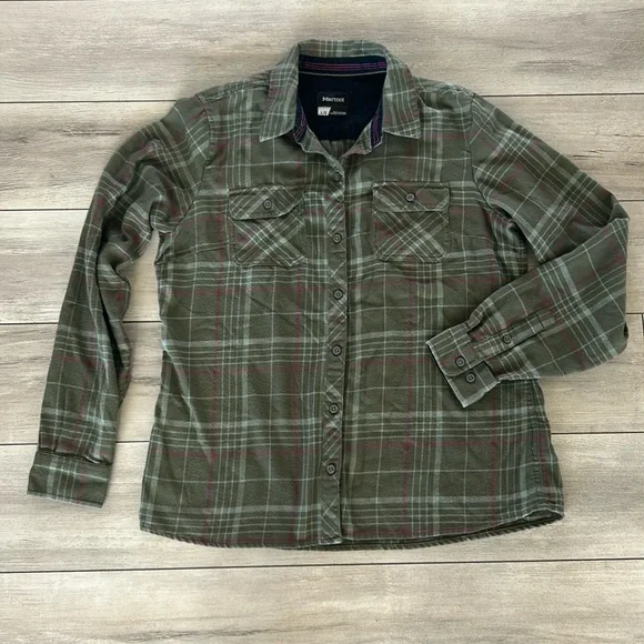 Marmot Bridget Long sleeve green flannel shirt women's size large - Picture 1 of 6